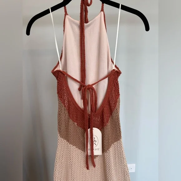 Lulu's Cancun Calling Taupe Multi Crochet Halter Midi Sweater Dress Small NWT - Picture 9 of 10